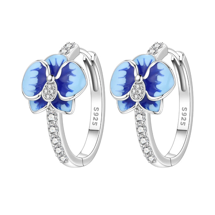 925 Sterling Silver Flower Design Hoop Earrings - Blue Enamel Butterfly Orchid On Sale