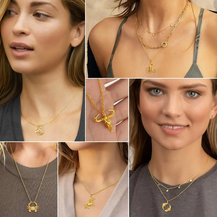 12 Horoscope Zodiac 18K Gold Plated 3D Charm Pendant Necklaces On Sale