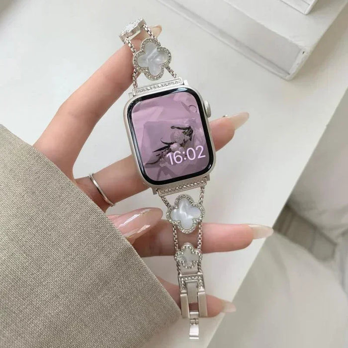 Cloverleaf Diamond Women Stainless Steel Apple Watch Bracelet For Ultra, 49mm, 46mm, 45mm, 44mm, 42mm, 41mm, 40mm, 38mm On Sale