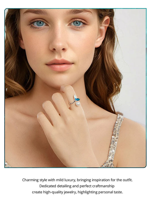 925 Sterling Silver Enamel Mermaid Tail And Pearl Adjustable Ring On Sale