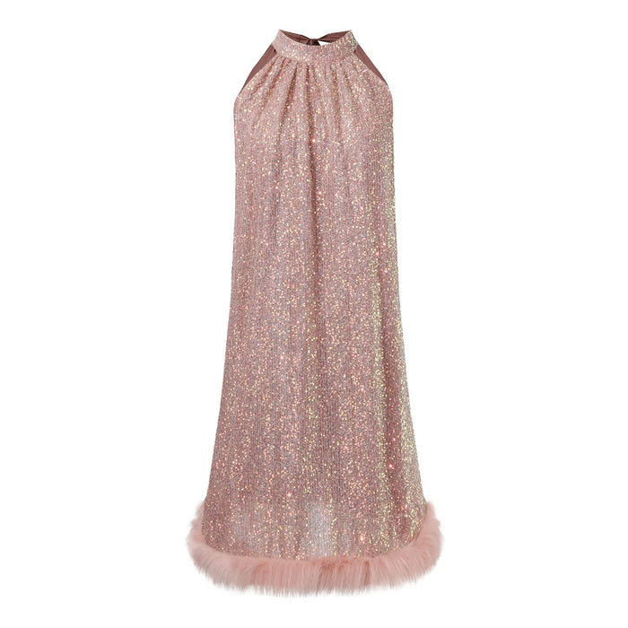 Women’s Pink Glitter Sequin Off-Shoulder Halter Cocktail Midi Dress On Sale