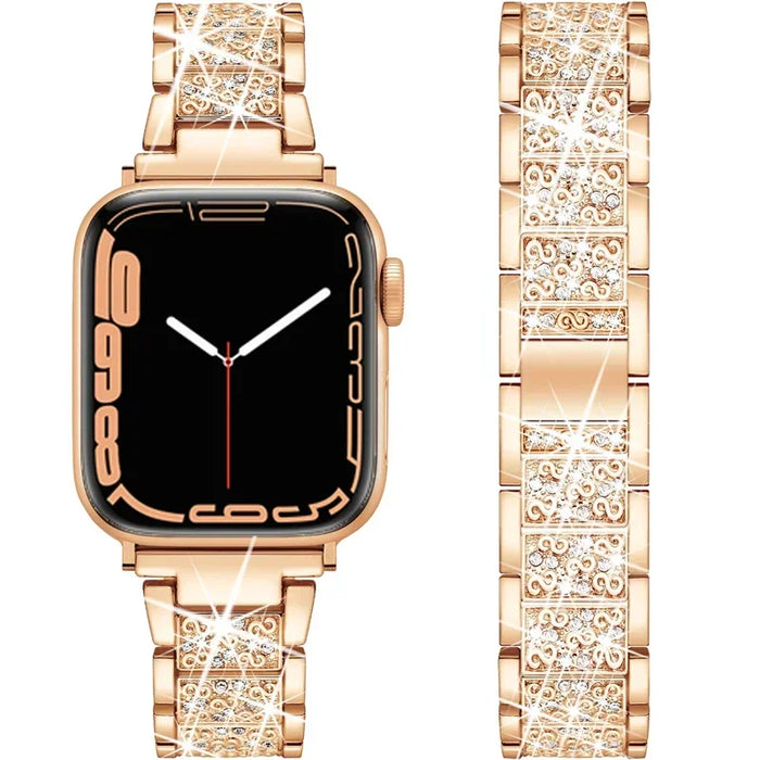 Rose Gold Stainless Steel Rhinestone Watch Band Adjustable Folding Clasp For Apple Watch Series On Sale