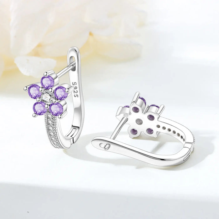 925 Sterling Silver Floral Design Hoop Earrings - Purple Flower On Sale
