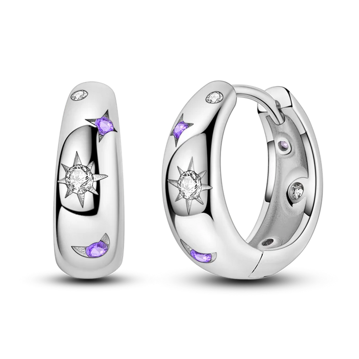 925 Sterling Silver Star Moon Round Huggie Hoop Earrings With Zircon Accents On Sale