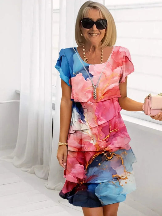 Women's Floral Print Crew Neck Short Sleeves Tiered Chiffon Dresses On Sale