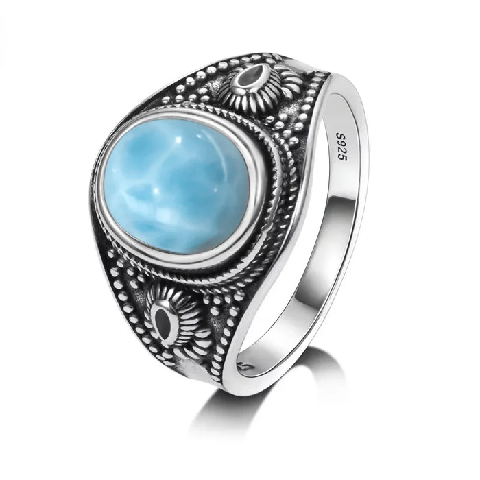 925 Silver Natural Larimar Stone Vintage Style Rings On Sale