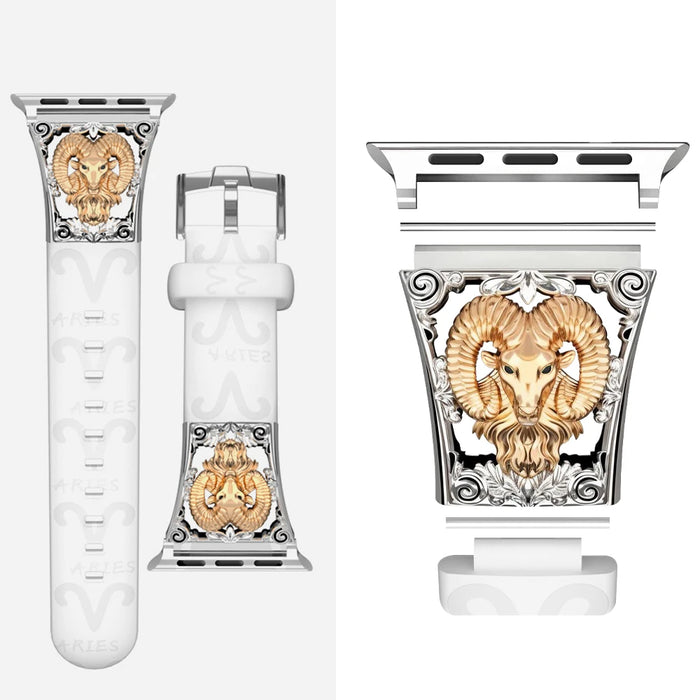 Aries White - 12 Constellations Silicone Sport Watch Band With Stainless Steel Zodiac Symbol Detail Compatible with Apple Watch Series 1–11, SE, Ultra, and Ultra 2 On Sale