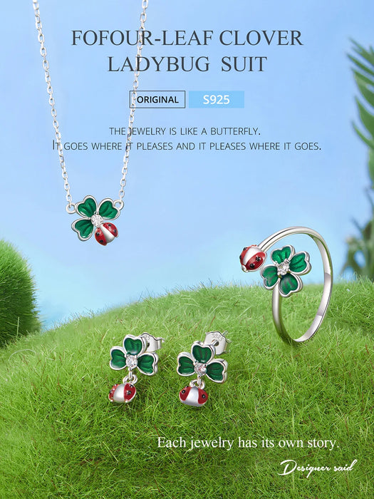 925 Sterling Silver Green Lucky Cloverleaf And Ladybug Earrings Jewelry Set On Sale
