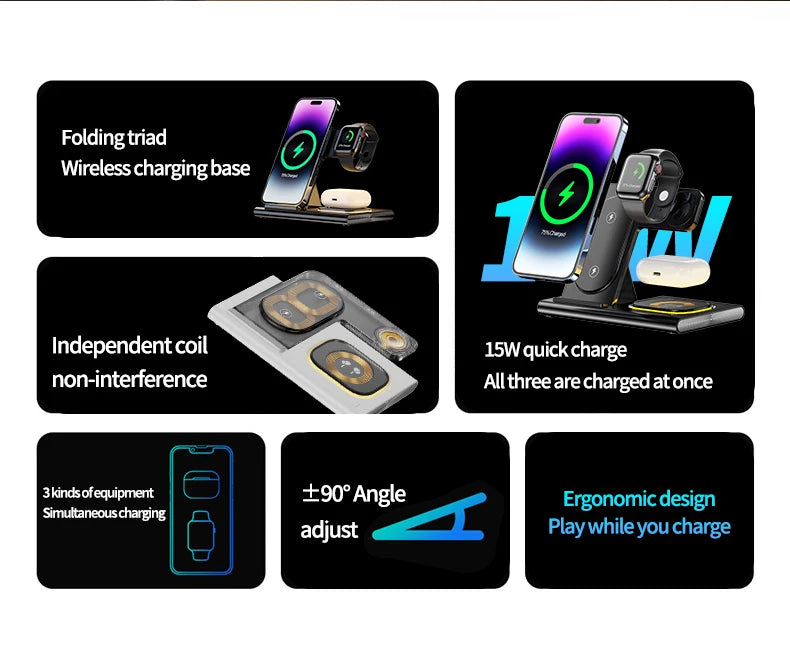 3-in-1 wireless charging stand for compatible smartphone, smartwatch and earbuds on sale