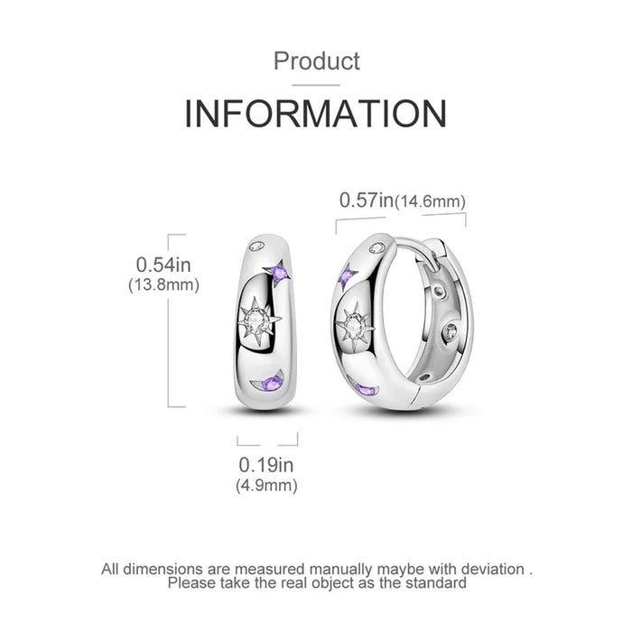 925 Sterling Silver Star Moon Round Huggie Hoop Earrings With Zircon Accents On Sale