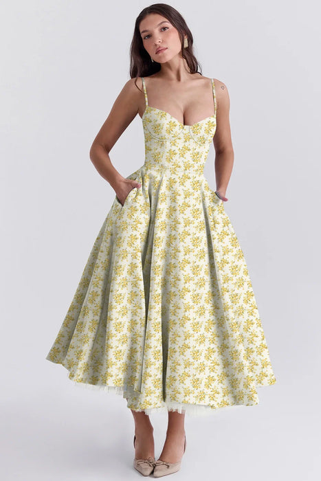 White Yellow Floral Printed A-Line Vintage Style Temperament Dress On Sale