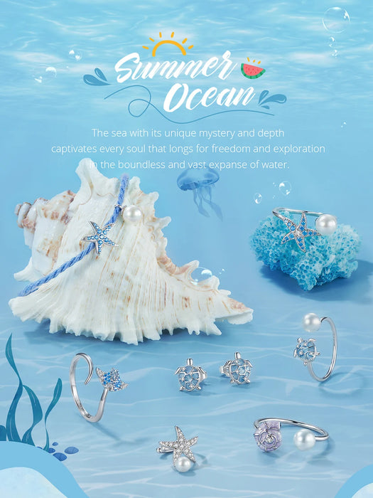 925 Sterling Silver Ocean Marine Life And Pearl Theme Open Rings Collection On Sale