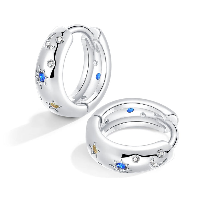 925 Sterling Silver Star Moon Round Huggie Hoop Earrings With Zircon Accents On Sale