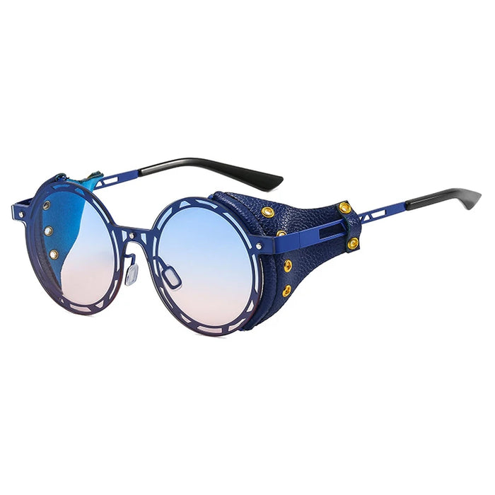 Chic Blue Vintage Leather Steampunk Goggle Style Round Sunglasses On Sale