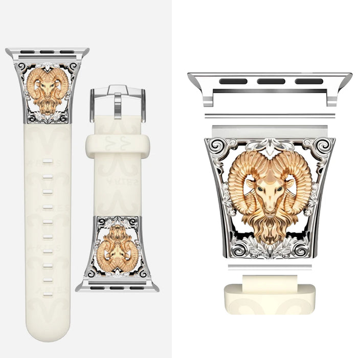 Aries Beige - 12 Constellations Silicone Sport Watch Band With Stainless Steel Zodiac Symbol Detail Compatible with Apple Watch Series 1–11, SE, Ultra, and Ultra 2 On Sale