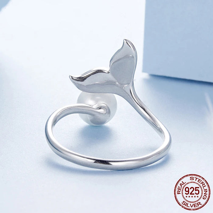 925 Sterling Silver Enamel Mermaid Tail And Pearl Adjustable Ring On Sale