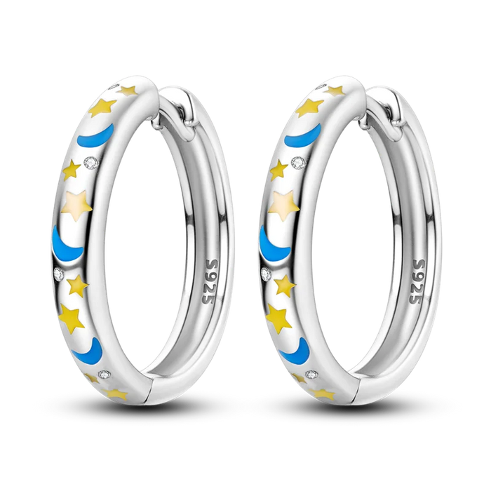 925 Sterling Silver Star Moon Round Huggie Hoop Earrings With Zircon Accents On Sale