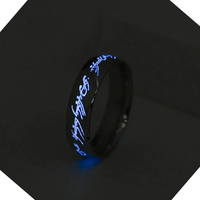 6mm silver stainless steel glow-in-the-dark Elvish letter ring on sale