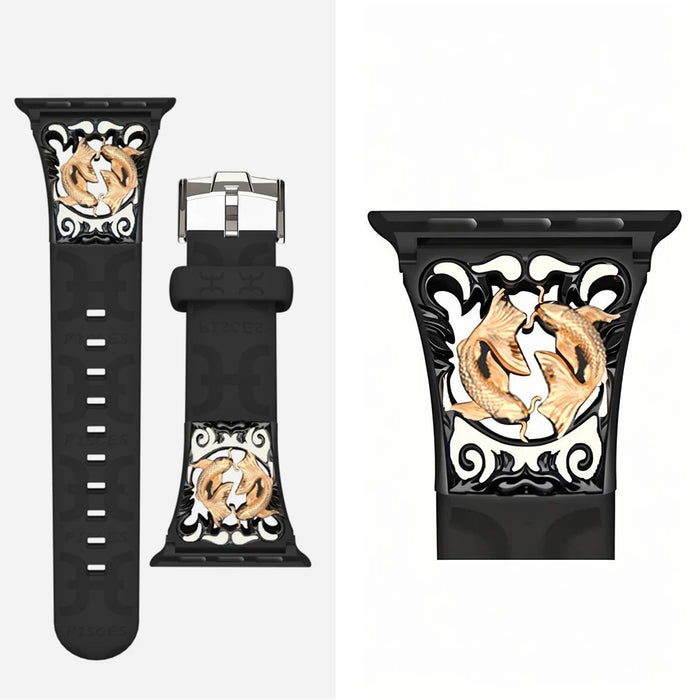 Pisces Black - 12 Constellations Silicone Sport Watch Band With Stainless Steel Zodiac Symbol Detail Compatible with Apple Watch Series 1–11, SE, Ultra, and Ultra 2 On Sale