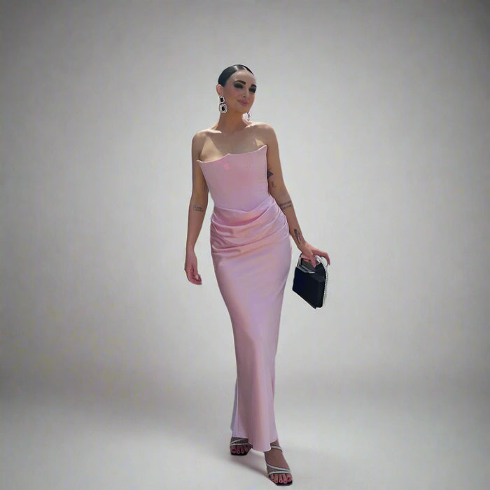 Elegant Strapless Corset Satin Maxi Pink Dress On Sale
