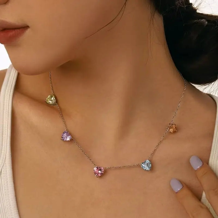 Genuine Platinum Plated S925 Multicolored CZ Gemstone Hearts Pendant Necklace