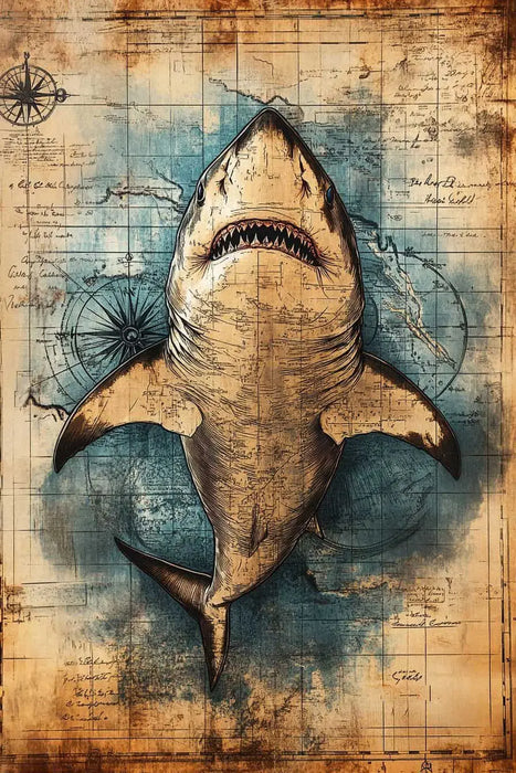 Ocean Shark Illustration - Vintage Marine Life Canvas Print Nautical Treasure Map Wall Decor Ocean Theme Poster On Sale