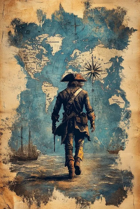 Pirate Captain Illustration Artwork - Vintage Marine Life Canvas Print Nautical Treasure Map Wall Decor Ocean Theme Poster On Sale