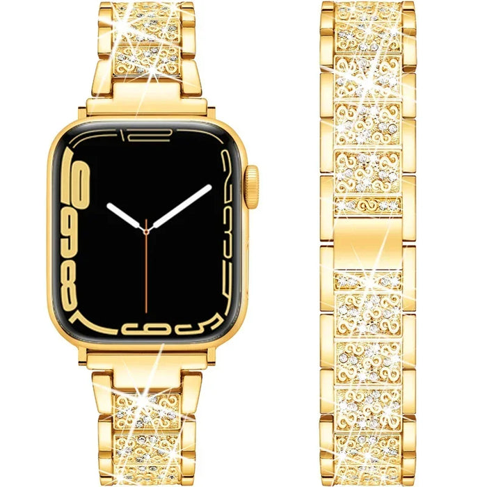 Gold Stainless Steel Rhinestone Watch Band Adjustable Folding Clasp For Apple Watch Series On Sale