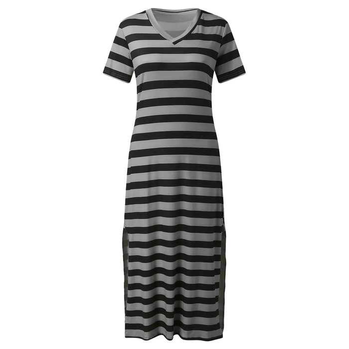 Black and Gray Stripes Casual Loose Fitted Long Split Maxi Beach Lounge Dress On Sale