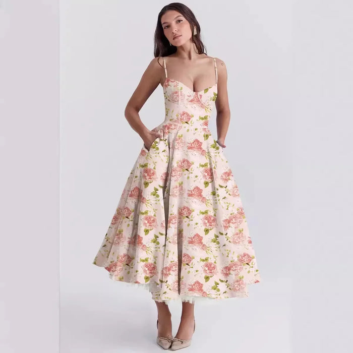 Pink Rose Floral Printed A-Line Vintage Style Temperament Dress On Sale