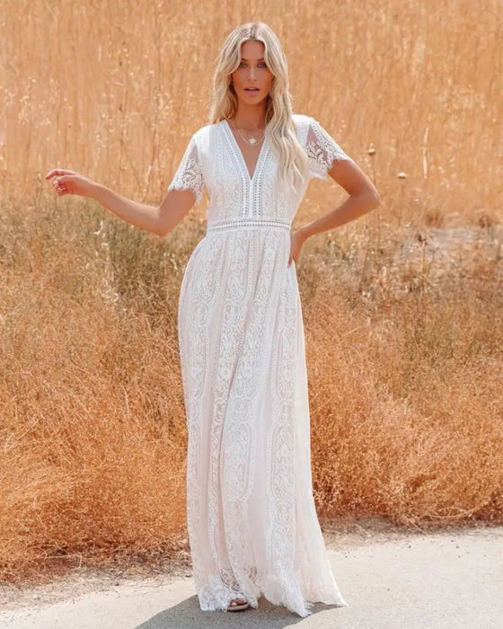 Bohemian Style Deep-V Short Sleeves Floral Lace Maxi Dress On Sale