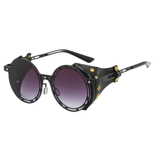 Chic Black Vintage Leather Steampunk Goggle Style Round Sunglasses On Sale
