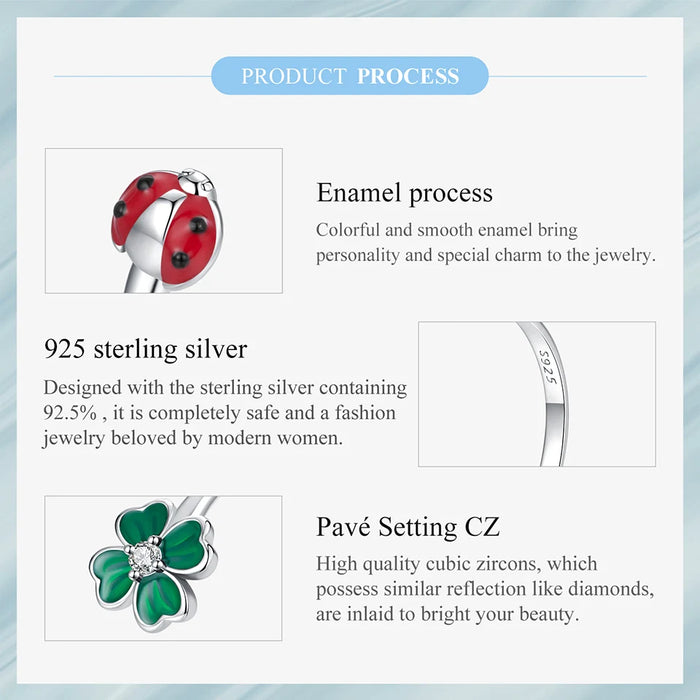 925 Sterling Silver Green Lucky Cloverleaf And Ladybug Ring On Sale
