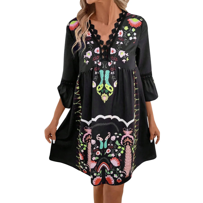 Black Bohemian Style Floral Printed Sleeve Lace Dress On Sale