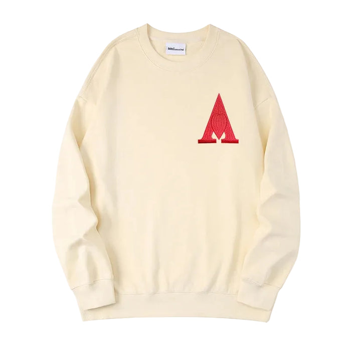 Beige Unisex Embroidered Letter A Sweatshirt Casual Round Neck Cotton Blend Pullover Top On Sale