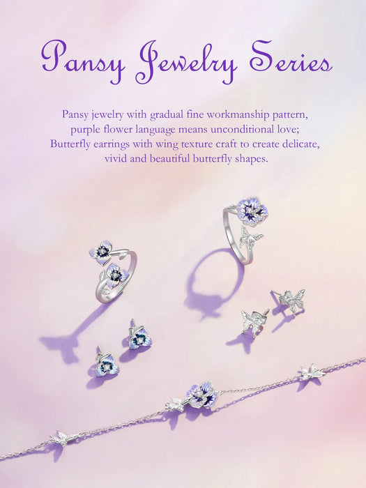 925 Sterling Silver Butterfly And Purple Pansy Flower Open Rings On Sale