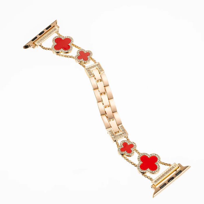 Rose Gold Red Cloverleaf Diamond Women Stainless Steel Apple Watch Bracelet For Ultra, 49mm, 46mm, 45mm, 44mm, 42mm, 41mm, 40mm, 38mm On Sale