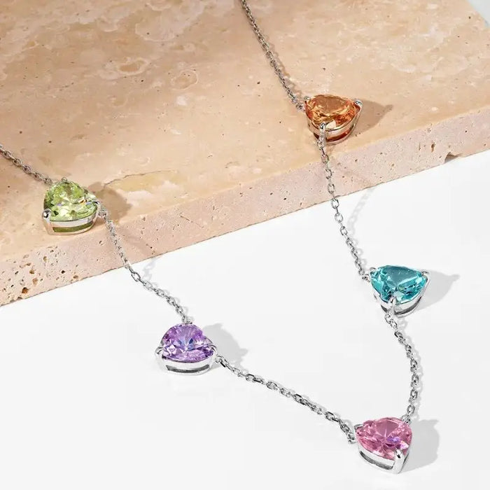 Genuine Platinum Plated S925 Multicolored CZ Gemstone Hearts Pendant Necklace