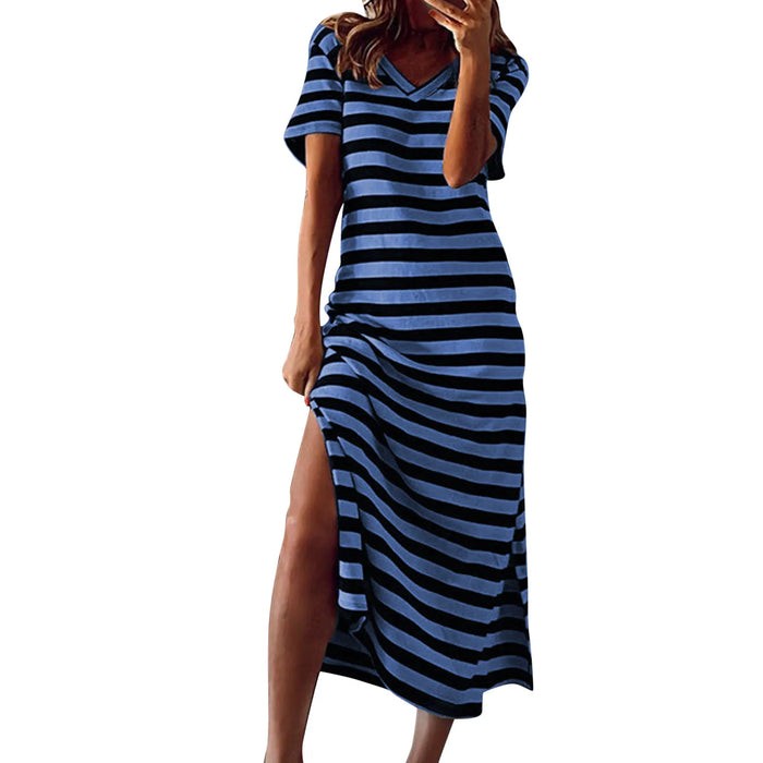 Black and Blue Stripes Casual Loose Fitted Long Split Maxi Beach Lounge Dress On Sale