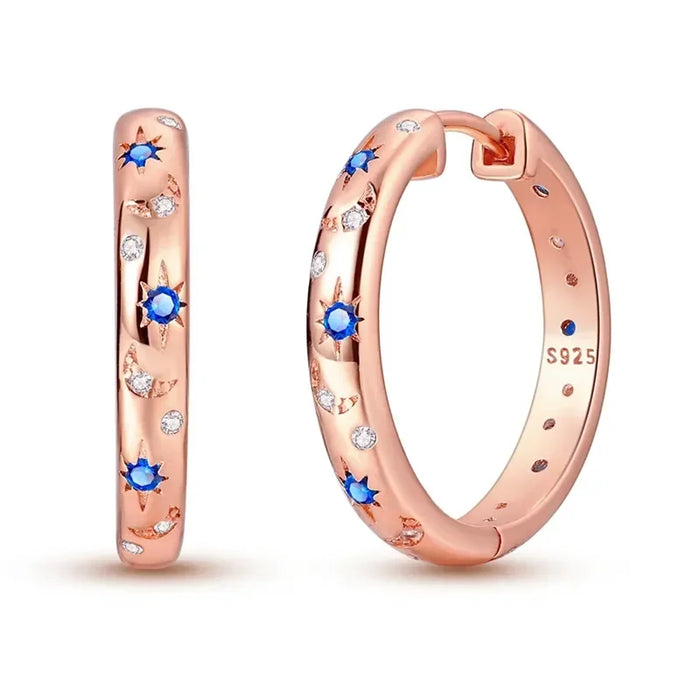 Rose Gold 925 Sterling Silver Star Moon Round Huggie Hoop Earrings With Zircon Accents On Sale