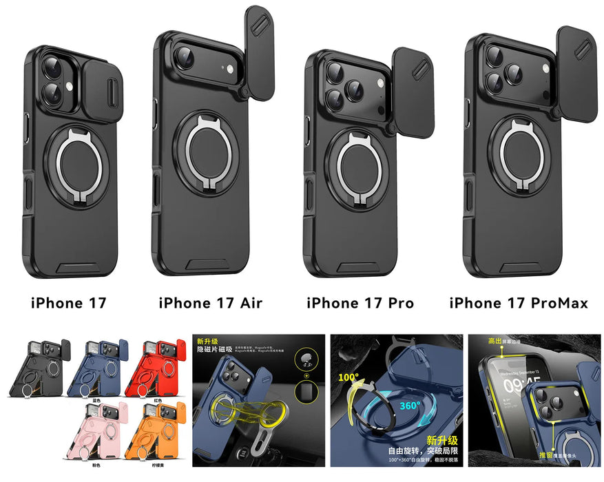 iPhone Magnetic Ring Stand Armor Case With Camera Protection Slide Cover For iPhone 17, 16, 15, 14, 13 Series On Sale