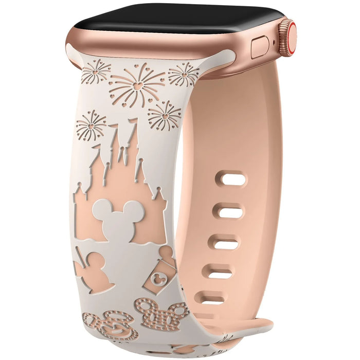 White Pink 3D Dream Disney Mickey Mouse Castle Theme Design Silicone Apple Watch Band On Sale