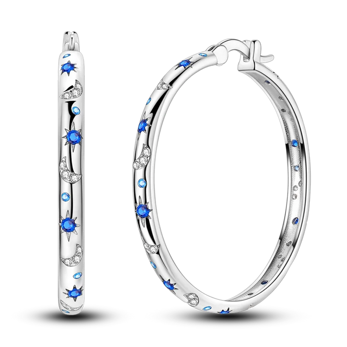 925 Sterling Silver Star Moon Round Huggie Hoop Earrings With Zircon Accents On Sale