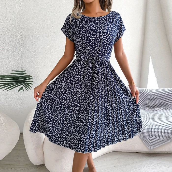 Floral Printed A-Line Vintage Style Chiffon Temperament Dark Blue Dress On Sale