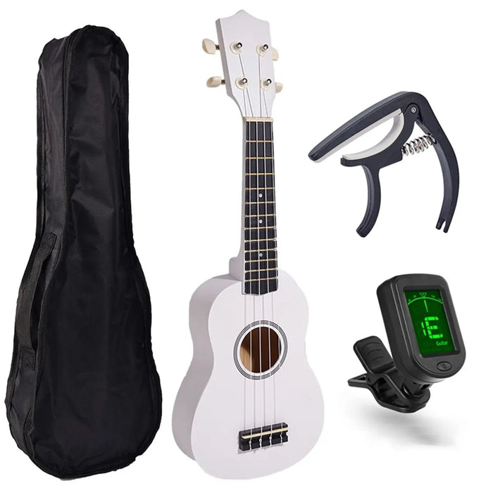 White 21 Inch Soprano Ukulele with Gig Bag, Tuner And Capo Beginner Acoustic Ukulele Set On Sale