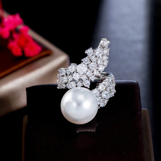 Exquisite Pearl Cubic Zircon White Gold Plated Adjustable Ring on Sale
