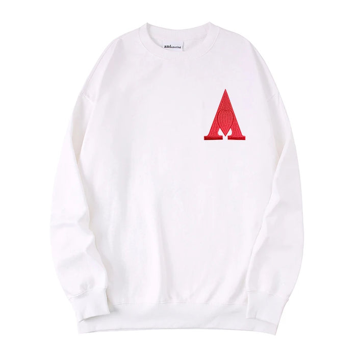 White Unisex Embroidered Letter A Sweatshirt Casual Round Neck Cotton Blend Pullover Top On Sale