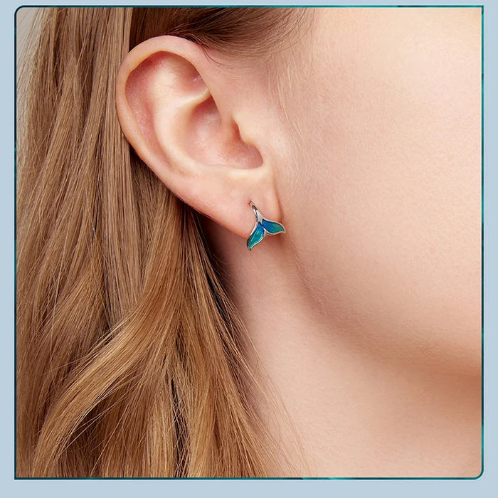 925 Sterling Silver Plated White Gold Enamel Whale Mermaid Tail Earrings On Sale