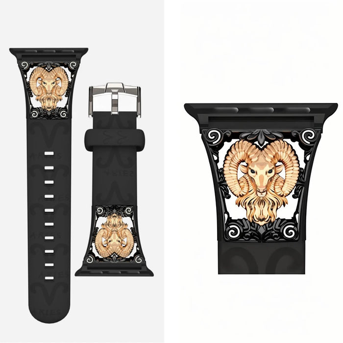 Aries Black - 12 Constellations Silicone Sport Watch Band With Stainless Steel Zodiac Symbol Detail Compatible with Apple Watch Series 1–11, SE, Ultra, and Ultra 2 On Sale
