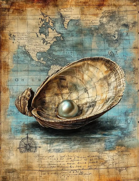 Shell & Pearl  - Vintage Marine Life Canvas Print Nautical Treasure Map Wall Decor Ocean Theme Poster On Sale